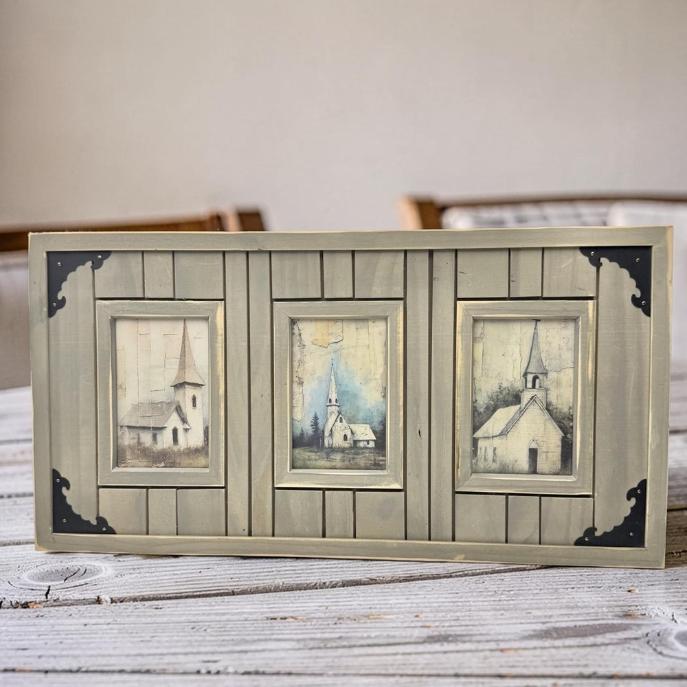 Rustic Framed Old Country Church Wall Art Triptych Farmhouse Distressed Wood
